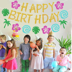 Glittery Gold Tropical Birthday Banner – DIY Luau Party Decorations, Island Adve