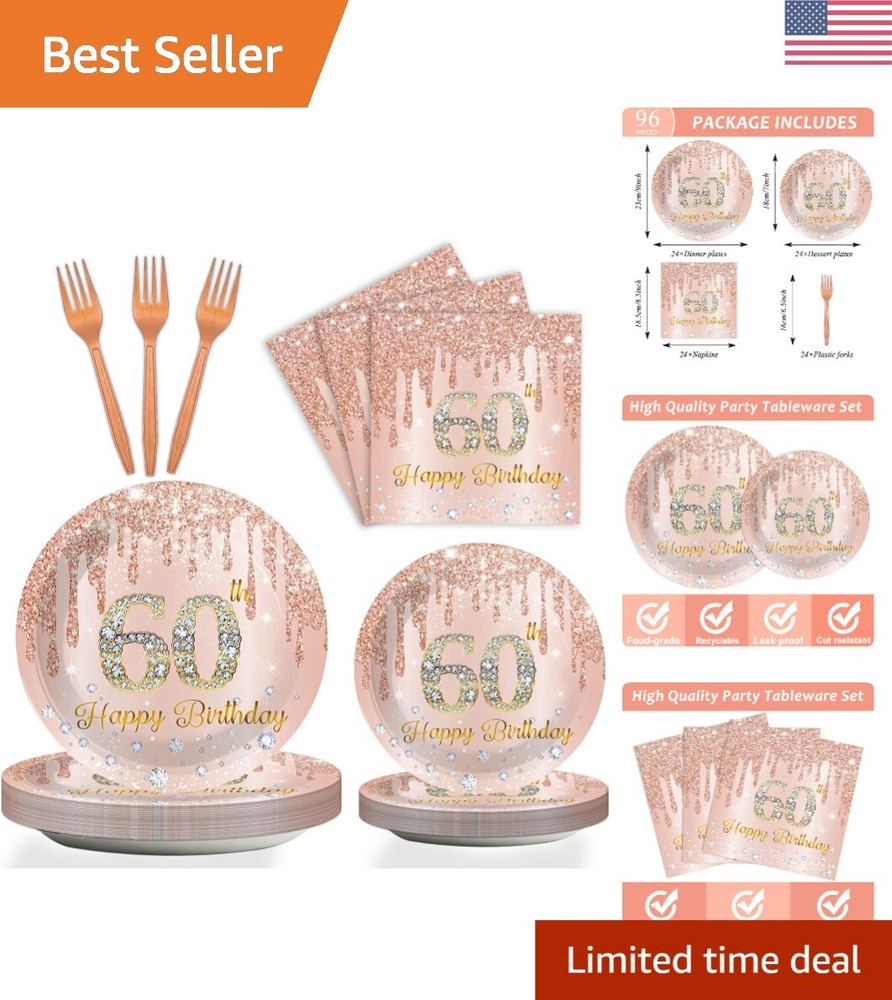 Exquisite 96-Piece Pink Rose Gold 60th Birthday Party Set for 24 Guests: Luxu…