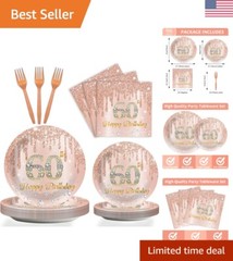 Exquisite 96-Piece Pink Rose Gold 60th Birthday Party Set for 24 Guests: Luxu…