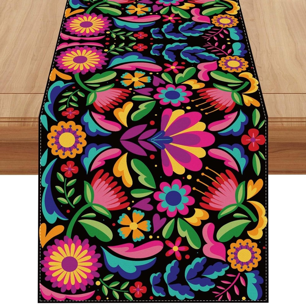 Jiudungs Linen Cinco De Mayo Table Runner 72 Inches Long Mexican Themed Party…