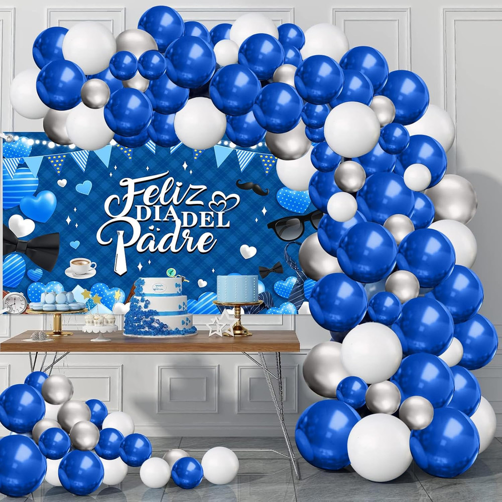 Feliz Día Del Padre Decorations Set, 110Pcs Blue Silver Balloon Arch Kit with Ba