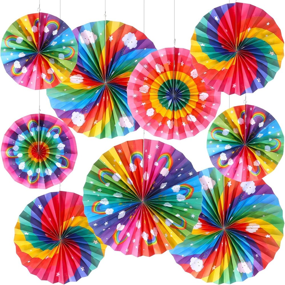 Outus 9 Pcs Rainbow Party Decorations Paper Fans Boho Classroom Decorations…