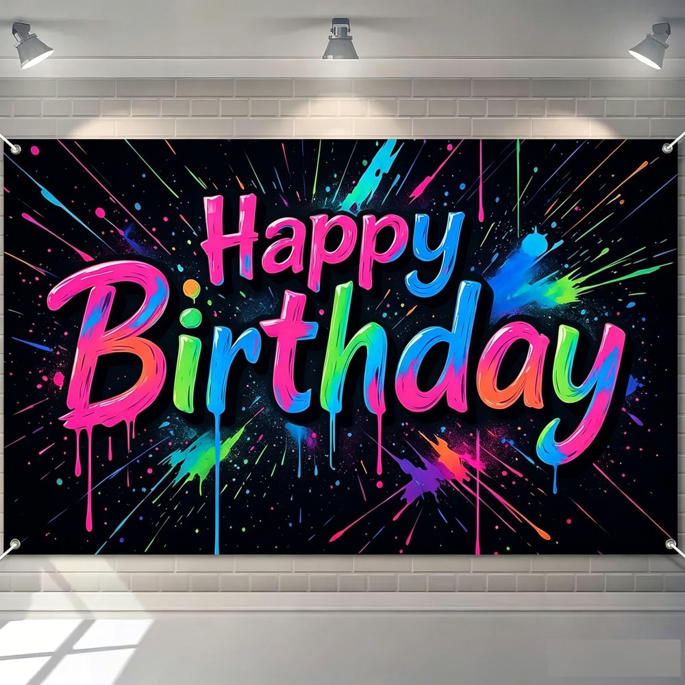 Glow Happy Birthday Neon Graffiti Party Background Banner Backdrop Supplies