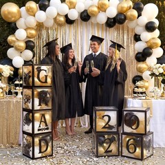 4 Pcs 2026 Graduation Balloon Boxes, Black & Gold Party Decorations with blessin
