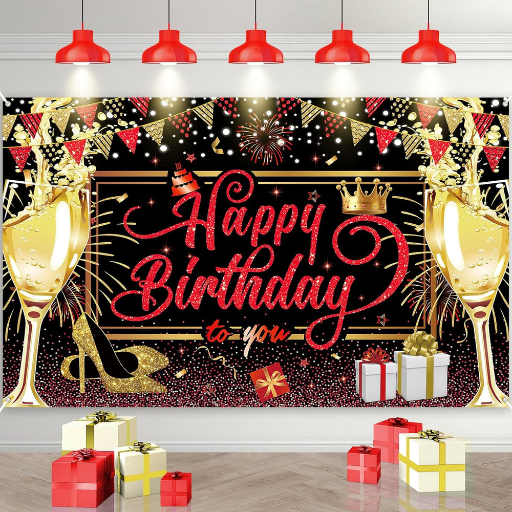 Red Black Gold Happy Birthday Banner, Red and Black Birthday Party Decorations..