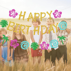Glittery Gold Tropical Birthday Banner – DIY Luau Party Decorations, Island Adve
