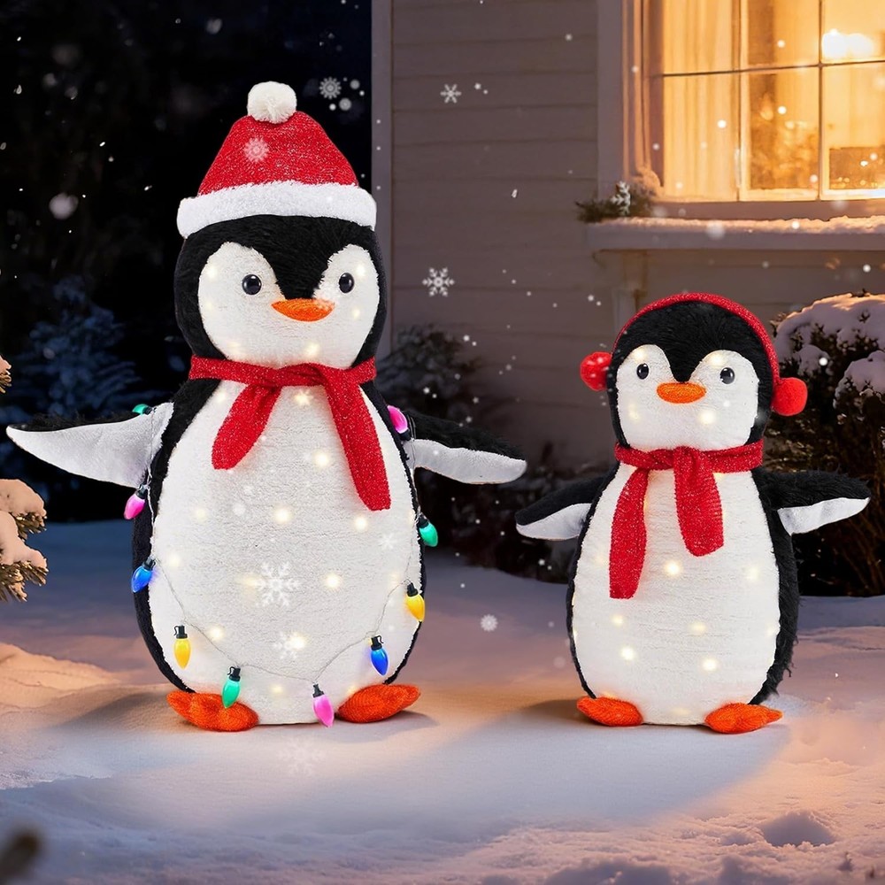 DUMOS 2-Piece Lighted Penguin Family Christmas Decoration Pop up 3ft RED LED