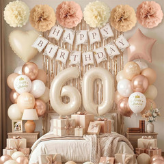 60Th Beige Birthday Decorations for Women, Cream Foil Number Heart Brown Star Ba