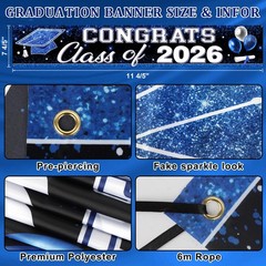 Blue White Class of 2026 Graduation Party Decorations, 9 4/5ft Congrats Grad Yar