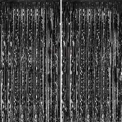 Fecedy 2pcs 3ft x 8.3ft Black Metallic Tinsel Foil Fringe Curtains Photo Booth P