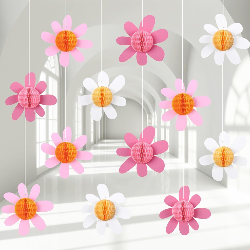 12 Pcs Daisy Party Decorations Groovy Honeycomb Daisy Flower Boho Paper Hangi…