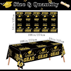 2 Pack Graduation Tablecloths 2026 Black Gold Disposable 54×108 Inch