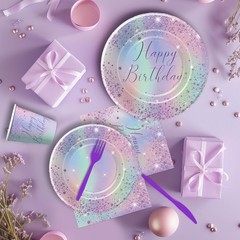 Iridescent Party Decorations Tableware, Ombre Purple Holographic Birthday Par…
