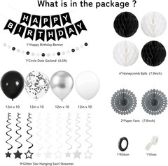 Black Silver White Birthday Party Decorations Kit Balloons Banner Adult Decor