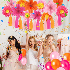 89 PCS Pink and Orange Party Decorations Paper Fans Party Decorations Set with B