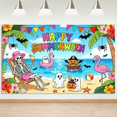 Summerween Backdrop Halloween Beach Skeleton Sunset Banner Photo Background