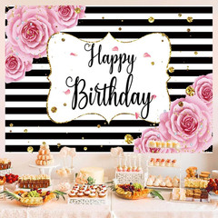 Pink Rose Happy Birthday Backdrop Banner for Women Black White Stripe Birthday P