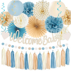 Vztipki Light-Dusty Blue Boho Baby Shower Party-Decorations Beige Champagne Boy