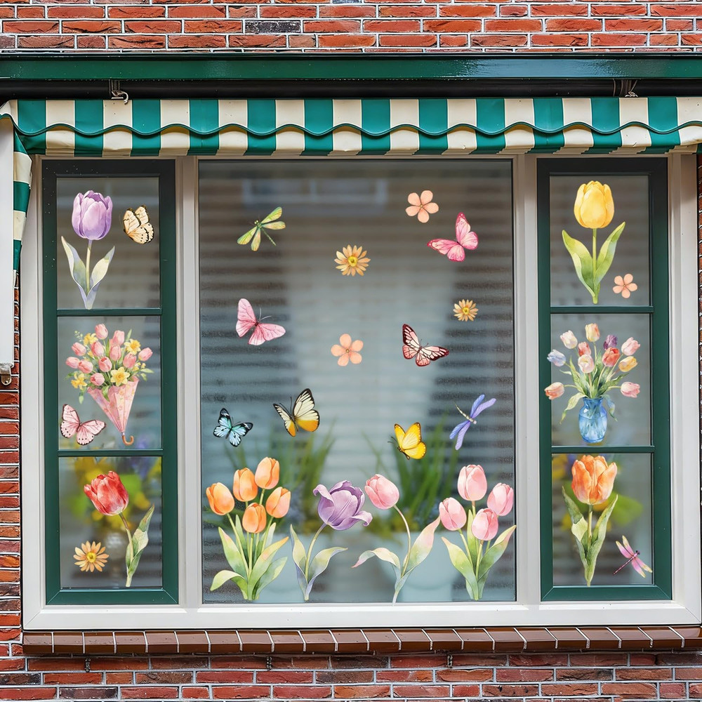 9 Sheets Flowers Window Clings Colorful Tulips Window Stickers Butterfly Drag…