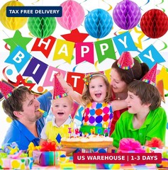 Colorful Birthday Decorations, Happy Birthday Banner with Honeycomb Balls, Stars