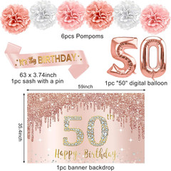 50Th Birthday Decorations Kit for Women, 21Pcs Pink Rose Gold Happy 50 Years Old