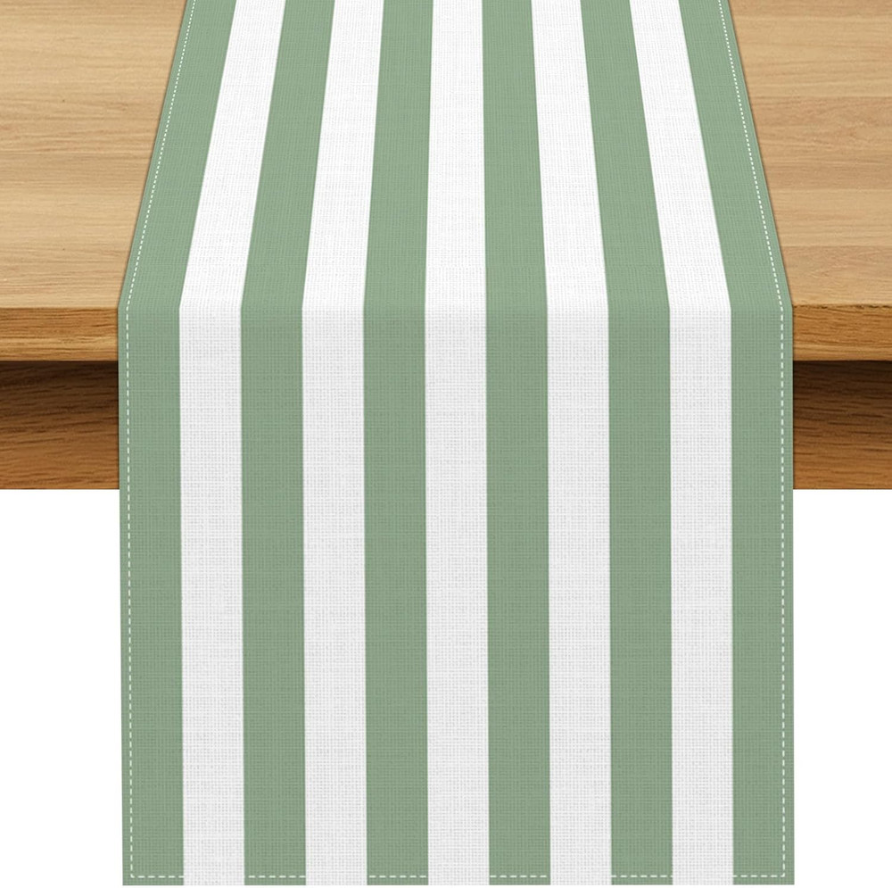 Sage Green White Striped Table Runner 13×72 Inch Polyester Dining Decor