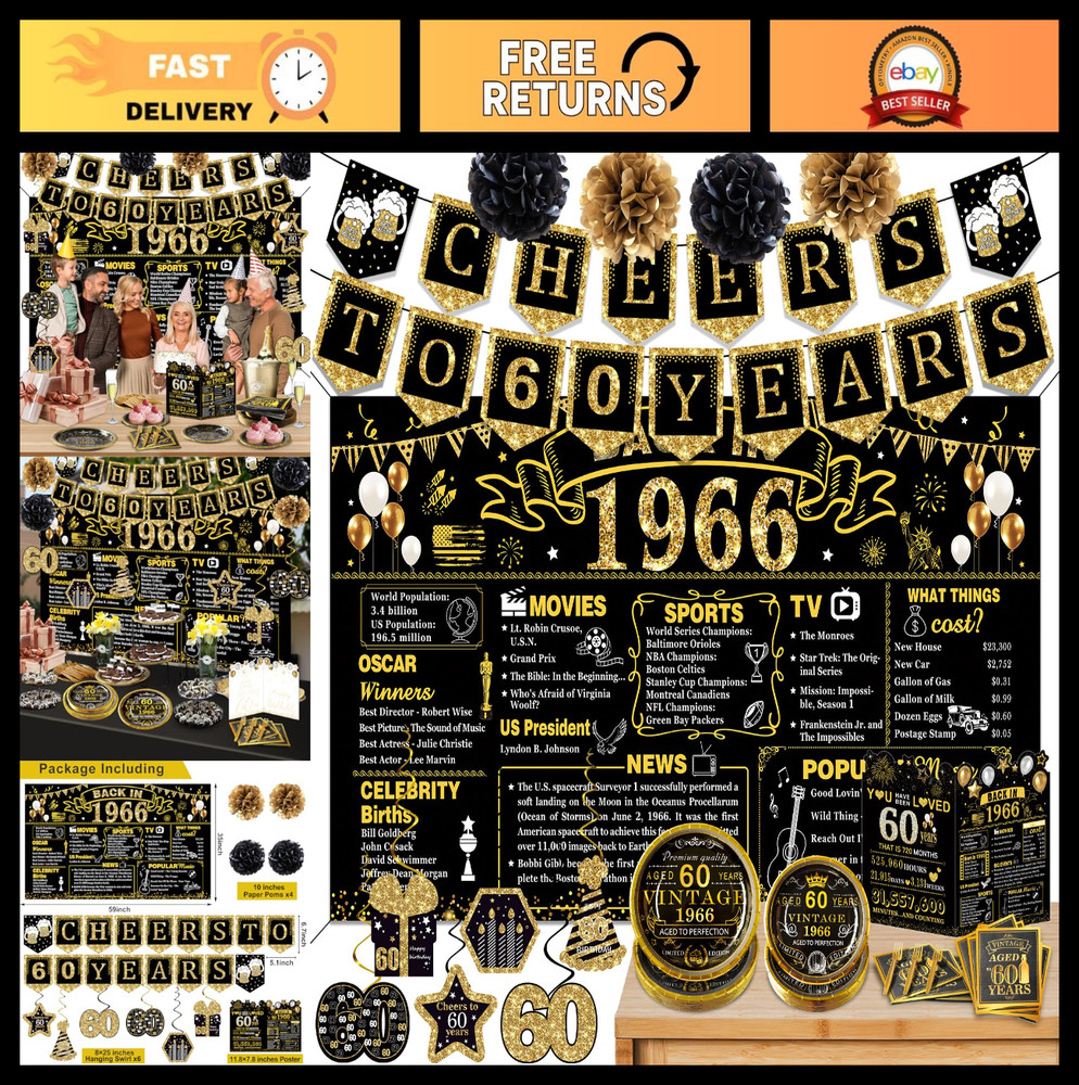 60th Birthday Party Decorations Set, 103 PCS Vintage 1966 Theme, Tableware & Bac