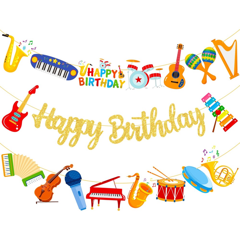 Musical Instrument Birthday Party Banners Gold Happy Birthday Banners Music I…