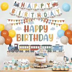 Train Theme Birthday Decorations, Steam Train Happy Birthday Backdrop Banner Sig