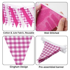 Pink and White Gingham Fabric Bunting Banner, 32Ft Cotton Burlap Triangle Gar…
