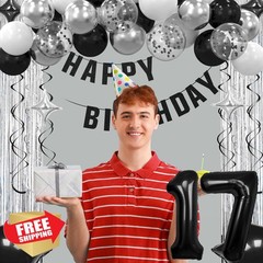 Ashmole 17th Birthday Banner Balloons Arch Kit Black Silvery
