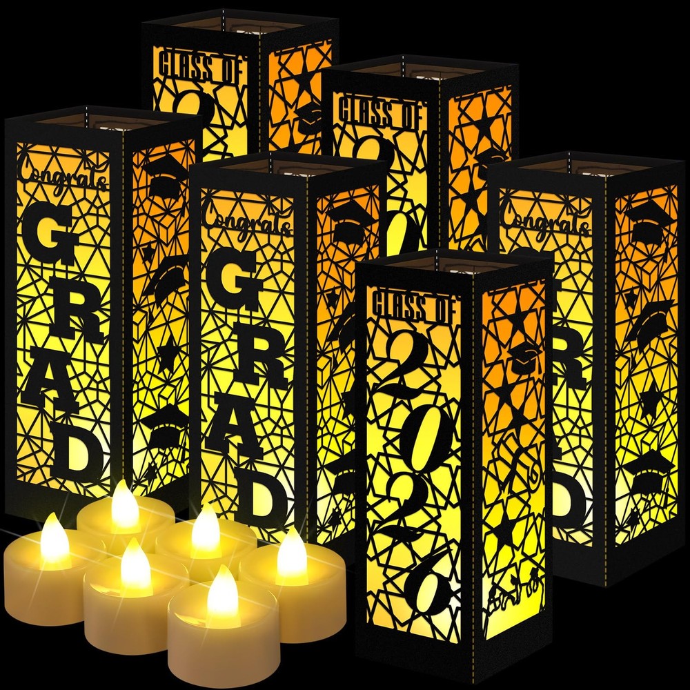 6 PCS Class of 2026 Graduation Lantern Boxes LED Candles Table Decor