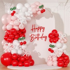 Cherry Red Balloon Garland Arch Kit, Bow Pastel Pink and White Birthday Ballo…