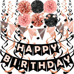 Rose Gold Black Theme Happy Birthday Banner Flag Bunting Paper Circle Confetti G