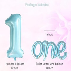 2Pcs Large Light Blue Number 1 Balloon and Script Letter One Light-blue