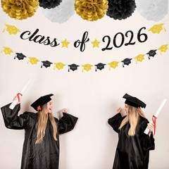 8pcs Black-White Gold Party-Decorations Graduation Banner, Class of 2026 Cap Gar