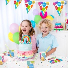 Multicolor Birthday Party Essentials Set for 25 Paper Plates Cups Napkins Banner