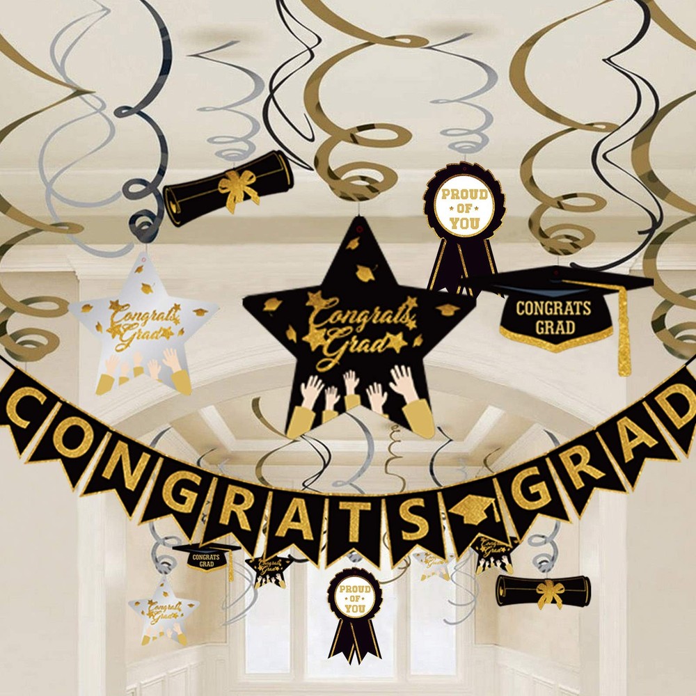 Graduation Hanging Swirl Banner Decorations, 22 Pcs Black Gold Silver Star
