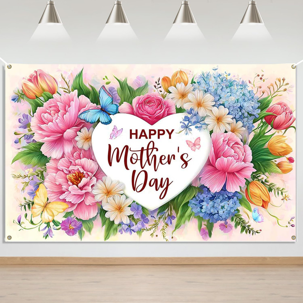 Mother’s Day Backdrop Banner Flowers Happy Mothers Day Decorations Banner I Love