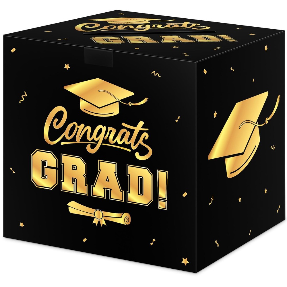 Graduation Decorations 2026 Card Box, Black Gold Congrats Grad Paper Gift Crad B
