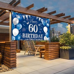60th Birthday Banner Backdrop Happy 60th Birthday Decorations Blue Silver 60