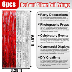 6 Pack -3M-Red Silver Foil Fringe Curtain Backdrop, 3.28Ft X 9.8Ft Metallic Tins