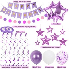Purple and Glitter Party Supplies, Birthday Banner, Star Balloons, Paper Garland