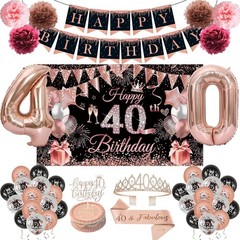 40th Birthday Decorations for Women, Black Rose Gold Happy 40 Years Old Decor…
