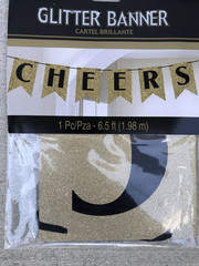 NEW YEAR’S ‘Black Gold Silver» GLITTER BANNER . CHEERS. 6.5 Ft.