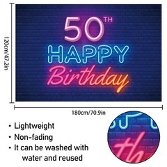 Glow Neon Happy 50th Birthday Backdrop Banner Decor Black – One Size,