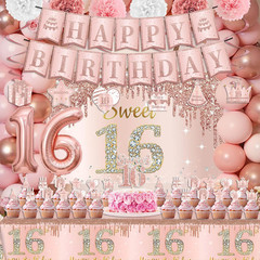 Sweet 16 Party Decorations Include Sweet 16 Banner Backdrop Cake Topper Table…