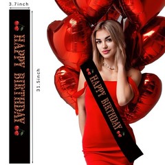 Cheetah Cherry Happy Sash, Leopard Satin Sash Decorations Red and Black Party…