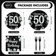 96Pcs 50Th Black and Silver Birthday Party Supplies Cheers to 50 Years Party Pla