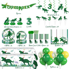 209Pcs Three Rex Birthday Decorations Boy, All-In-One Party Supplies Includes Ba
